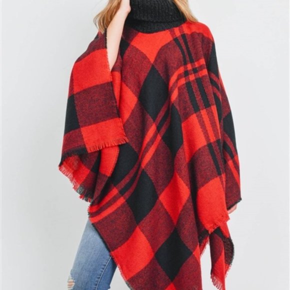 red plaid turtleneck poncho - Picture 3 of 5
